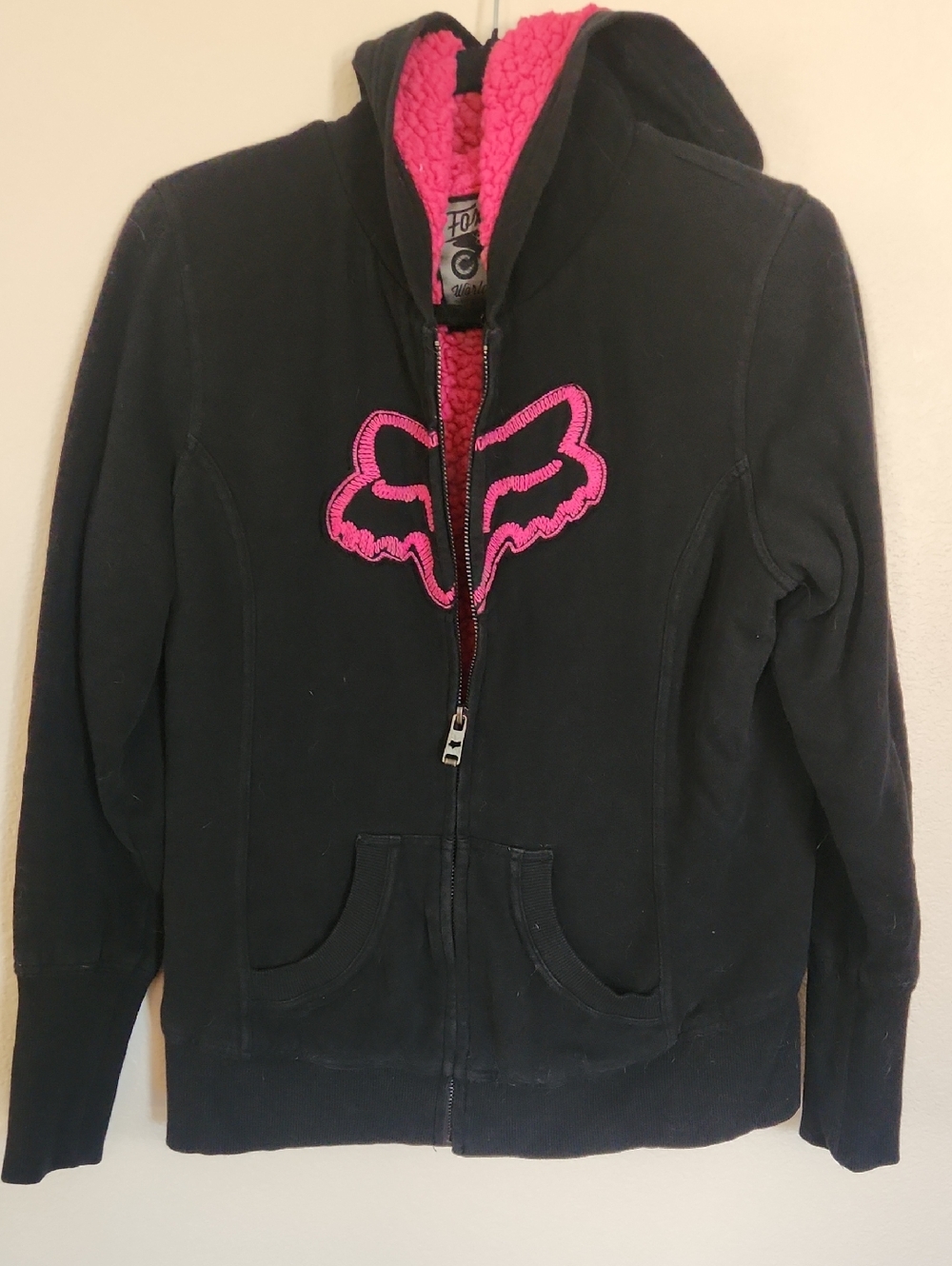 Fox Black Zip-Up Hoodie with Pink Sherpa Lining & Logo